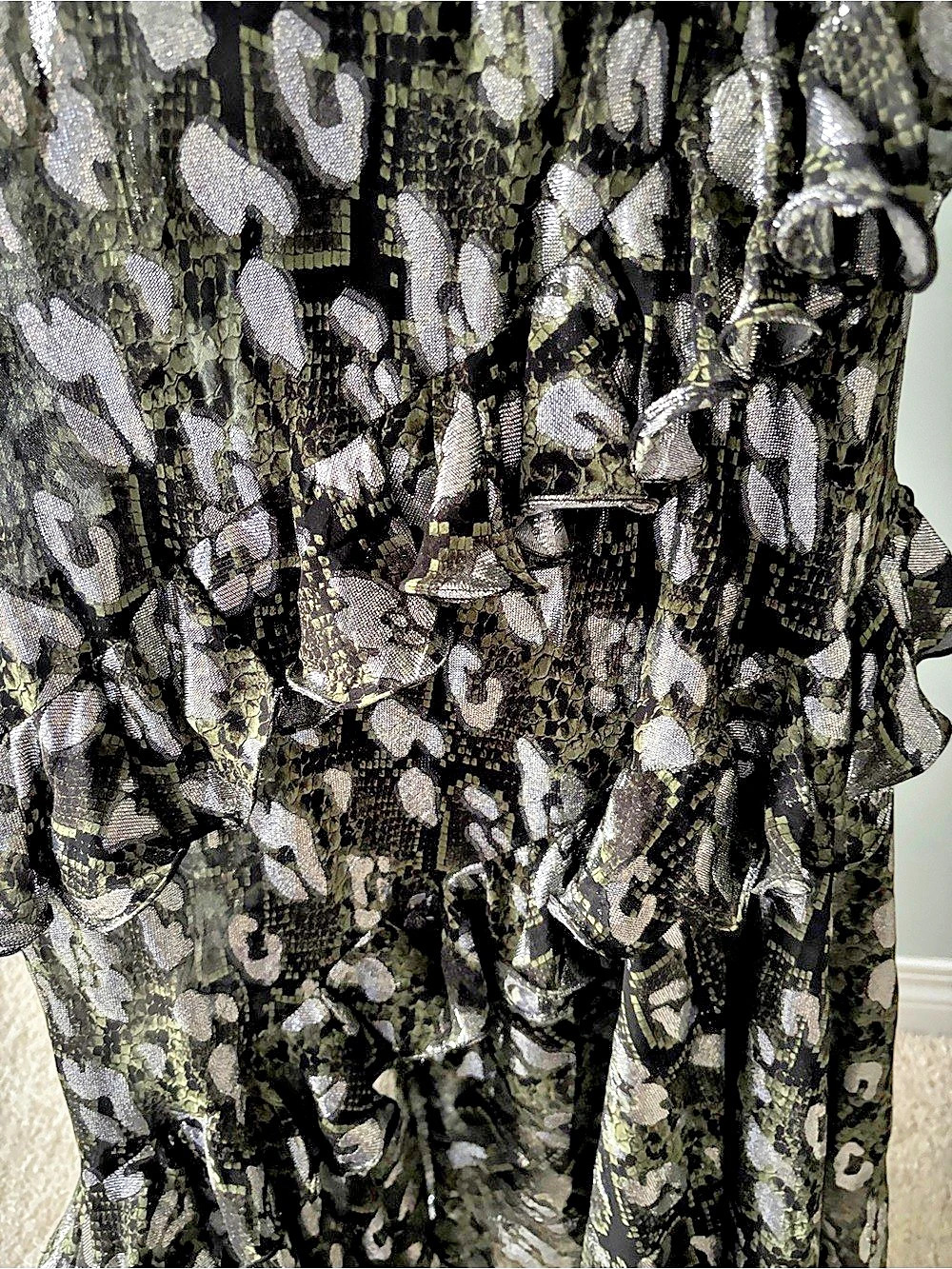 Michael Kors Collection Spruce Python Leopard Metallic Silk Ruffle Dress, US 8 - Picture 11 of 16